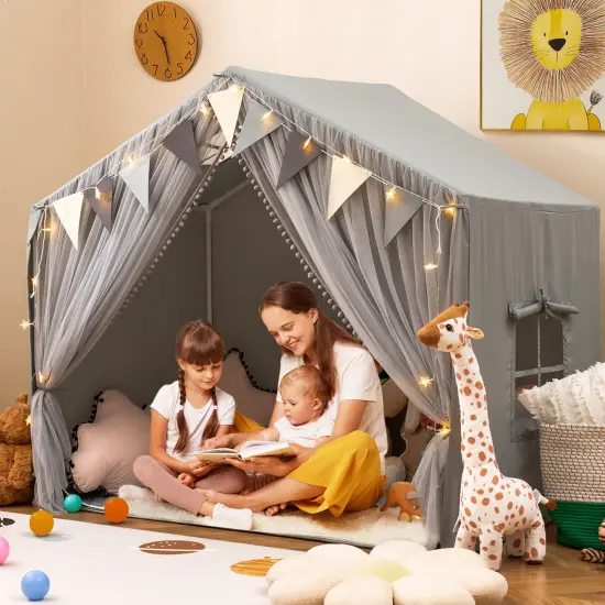 Fabric Large Toddler Playhouse Tent with Door, Curtains, and Windows Grey {3}