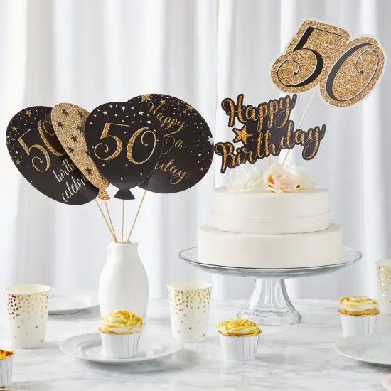 50th Birthday Decorations Party Centerpieces, Black and Gold Stick Table Toppers, 4 Designs (30 Pieces) {2}