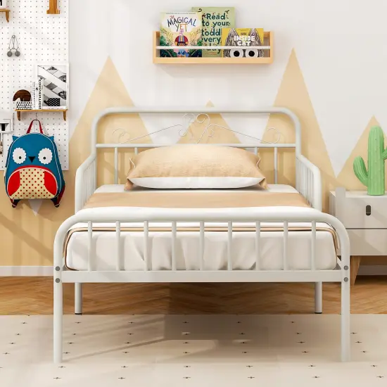 Twin Size Metal Bed Frame with Headboard Included Safety Side Guardrails White {6}