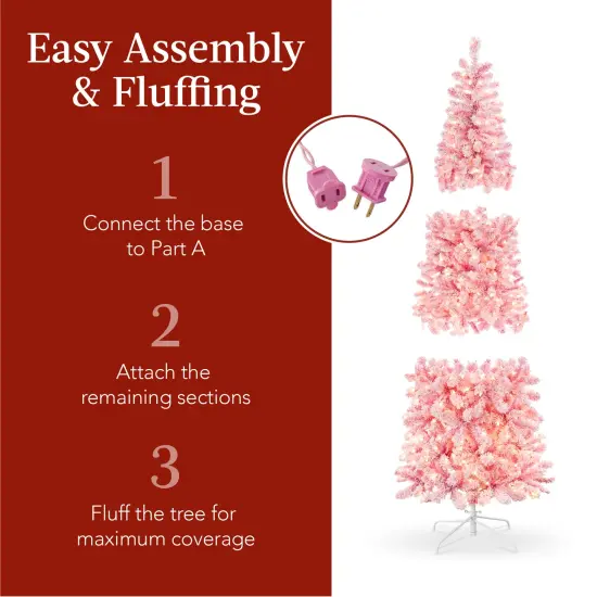 Best Choice Products Pink Pre-Lit Artificial Snow Flocked Pencil Christmas Tree Holiday Decoration {4}
