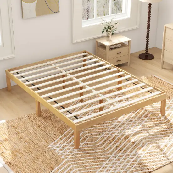 Queen Size Platform Bed Frame with Slats Support and Rubber Wood Legs Natural {6}