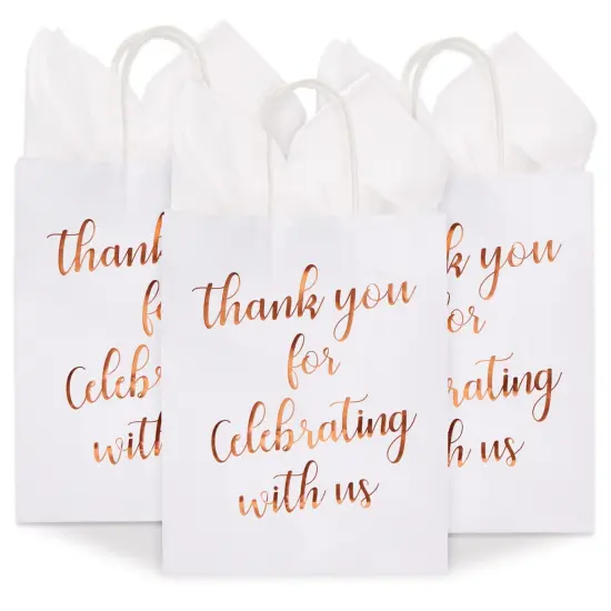 15-Pack Medium Sized Gift Bags with Tissue Paper for Wedding, Rose Gold Foil Thank You for Celebrating With Us Bags with Handles, Kraft Paper (10 x 8 x 4 Inches) {1}