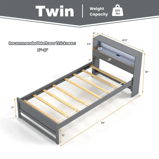 Wooden Twin Bed with Storage Headboard Charging Station LED Light and Under-bed Storage Grey {4}