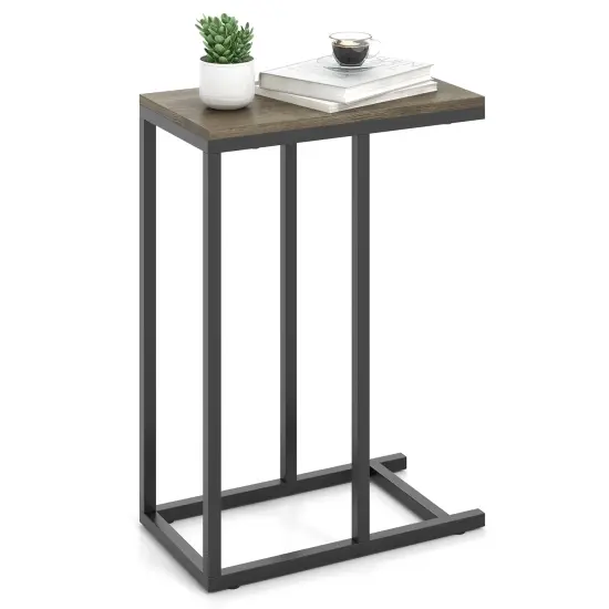 Black Metal C-Shaped Side Table with Sturdy Frame and Space-Saving Design Oak {4}