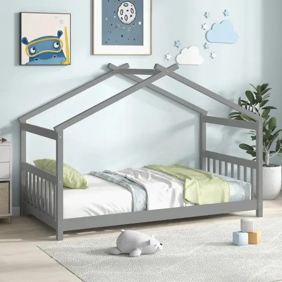 Wooden Twin Size House Bed with Roof Frame for Kids Bedroom Grey {3}