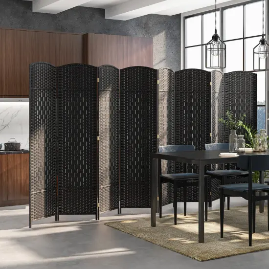 8-Panel Folding Room Divider with Hand-Woven Texture and Solid Wood Frame Black {2}