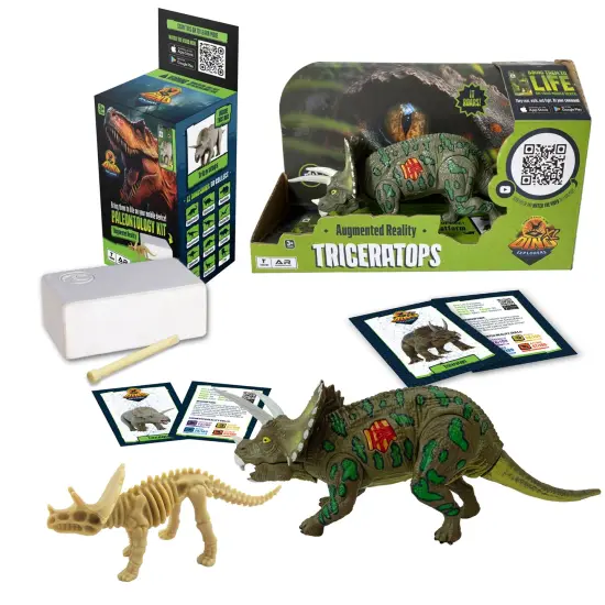 Dino Explorers: AR Dinosaur XL & Brick Combo - Triceratops - 10" Articulated Sound Toy Figure & Paleontology Dig Kit, Augmented Reality Set, Kids 3+ {1}