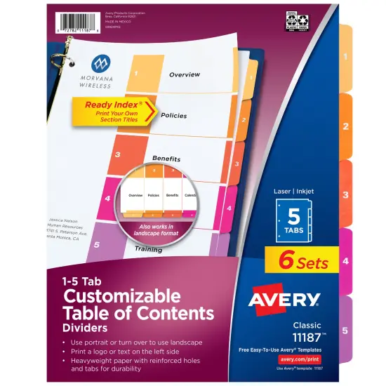 Avery Ready Index 5 Tab Binder Dividers, Customizable Table of Contents, Multicolor Tabs, 6 Sets (11187) {1}