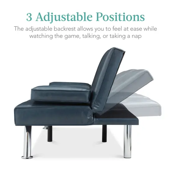 Best Choice Products Modern Faux Leather Convertible Futon Sofa w/ Removable Armrests, 2 Cupholders Blue {2}