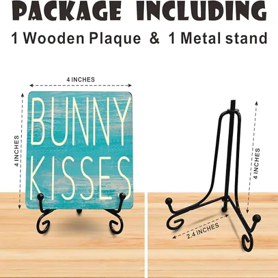 4" Easter Wooden Plaque With A Metal Support - Bunny Kisses - Wood Sign Decor For Spring Easter, Happy Easter Farmhouse, Gift For Kids & Adults, Rustic Tabletop Decorations - E02 {2}