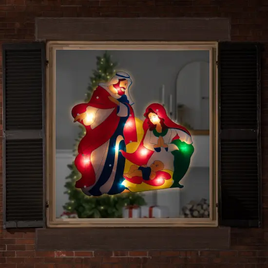 Northlight 17.75" Lighted Holy Family Nativity Scene Christmas Window Silhouette Red {4}