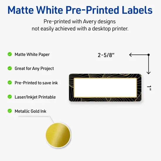 Avery Printable Rectangle Address Labels with Sure Feed Technology, Pre-Printed Black Border with Gold Pattern, Matte White, 1" x 2-5/8", Laser & Inkjet Compatible, 160 Total {2}