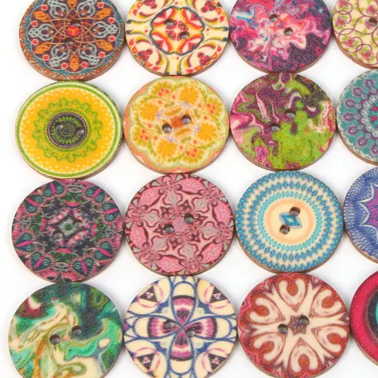 100pcs Mixed Random Flower Painting Round 2 Holes Wood Wooden Buttons for Sewing Crafting 20mm {4}