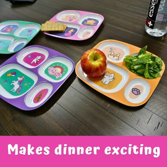 4E&rsquo;s Novelty Kids Melamine Dinner Plates Set of 4 for Girls &ndash; Divided Plates for Picky Eaters, BPA-Free, Princess, Unicorn, Cat & Sea Life Toddler Plates {2}