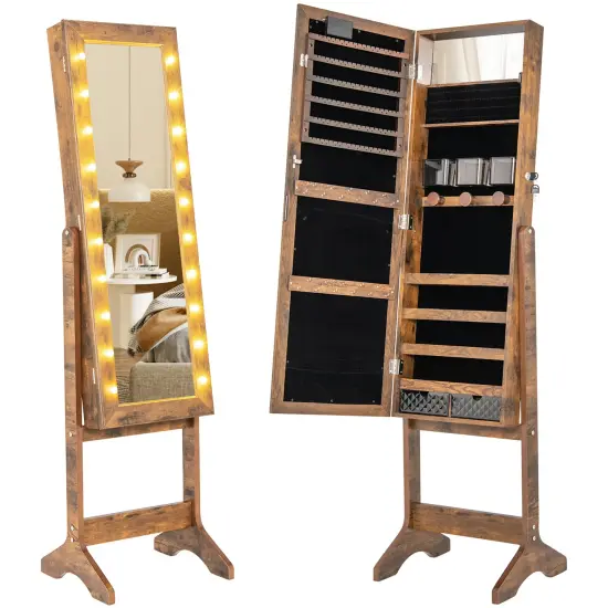 Full Length Mirror Jewelry Cabinet with 20 Warm Lights and 4 Tilt Angles Rustic Brown {4}