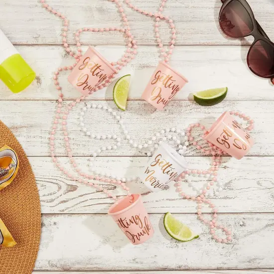 Sparkle and Bash Set of 12 Beaded Bachelorette Shot Glass Necklaces for Bridal Shower, White Bride Cup and Pink Bridesmaids Glasses, Gold Foil Design {4}