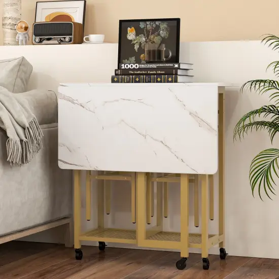 Engineered Wood Metal Dining Table Set with Extendable Top Wine Rack and Space-Saving Stools White {3}