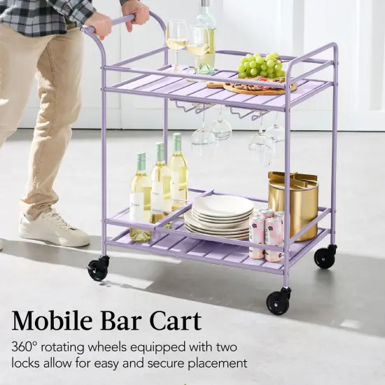 Best Choice Products 2-Tier Rolling Bar Cart Indoor/Outdoor w/ Storage Shelves, Wine Rack, Lockable Wheels Lavender {5}