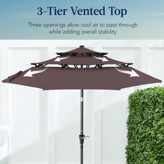 Best Choice Products 10ft 3-Tier Patio Umbrella, Market Sun Shade w/ Tilt Adjustment, Easy Crank Deep Taupe {3}