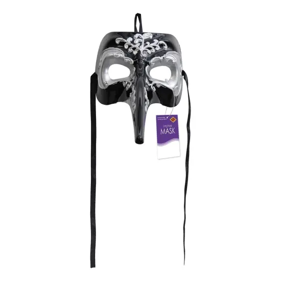12 Pack Bulk Mardi Gras Long Nose Mask - black/silver - black ribbon ties {3}