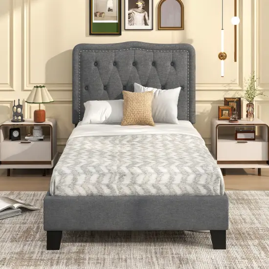 Twin Size Bed Frame with 46 Inch Tall Button Tufted Headboard-Gray {3}