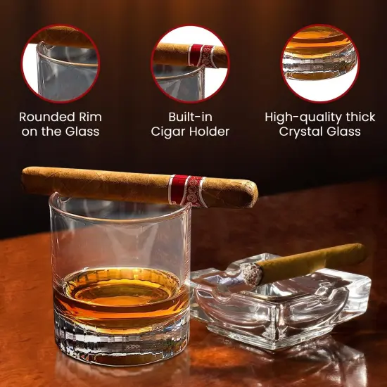 The Cocktail Box Co Cigar Whiskey Glass with Cigar Holder, Whiskey Cigar Glass Holder Set with 2 Whiskey Stones, Old Fashioned Cigar Cup Holder, Premium Bourbon Glass Cigar Holder, Gifts for men Clear {3}