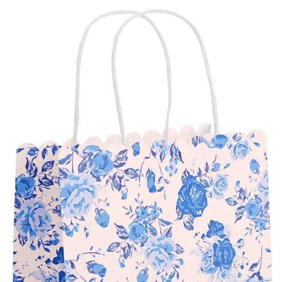 Sparkle and Bash 24-Pack Floral Gift Bags with Handles for Birthdays, Weddings, Bridal or Baby Showers - Rose Flower Print, Blue (8 x4x10 In) {4}