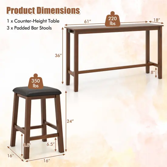 4-Piece Bar Table Set Counter-Height Table and 3 PVC Leather Upholstered Bar Stools-Brown {5}