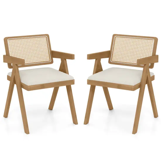 Set of 2 Rattan Accent Chairs with Padded Cushion & Rubber Wood Frame for Living Room Beige {1}