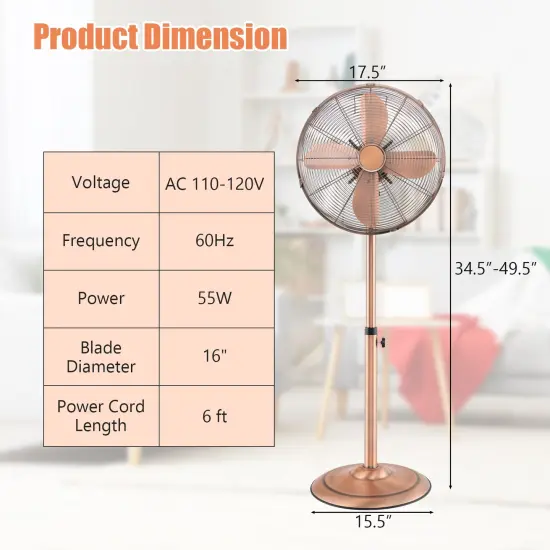 16 Inch Pedestal Standing Fan Oscillating Pedestal Fan with 3 Speeds and Adjustable Height Copper {4}