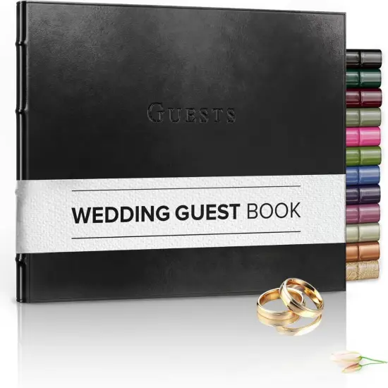 Gallery Leather Guest Book Wedding, Party, Special Events, add Polaroid Photos, 192 Lined Pages, Bonded Leather, Hardcover 7" x 9" Acadia Black {1}