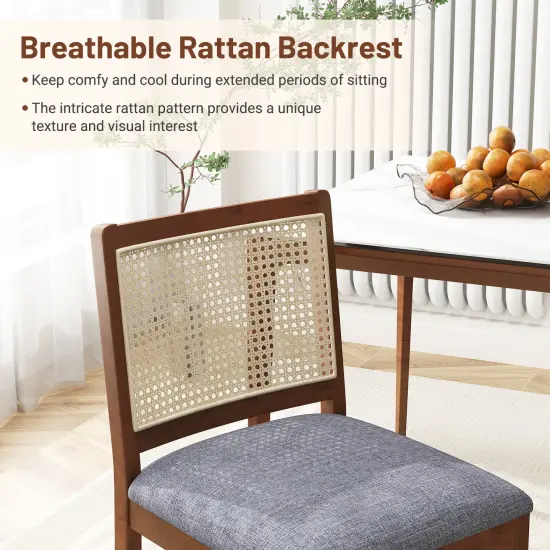 Rattan Dining Chair Set of 2 with Rubber Wood Frame and Linen Fabric Padded Seat-Walnut {6}