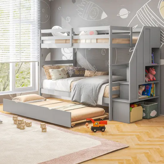 Twin Bunk Bed with Guard Rail and 4-Step Storage Stairs No Box Spring Needed Grey {6}
