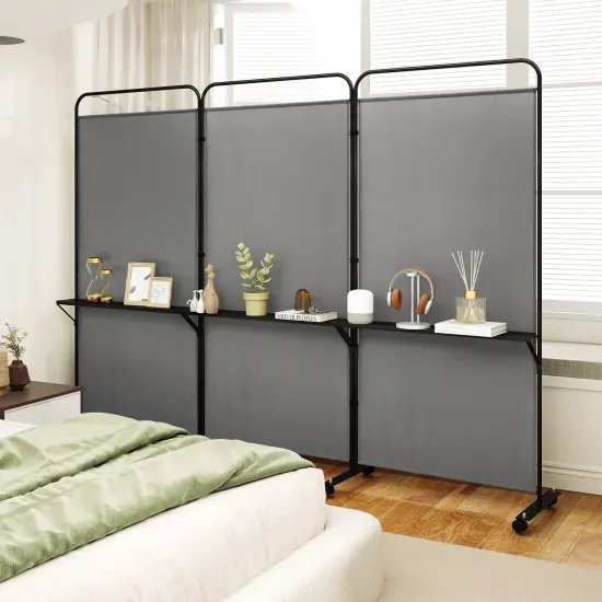 3-Panel Folding Room Divider with 3 Metal Shelves and Lockable Wheels Grey {6}