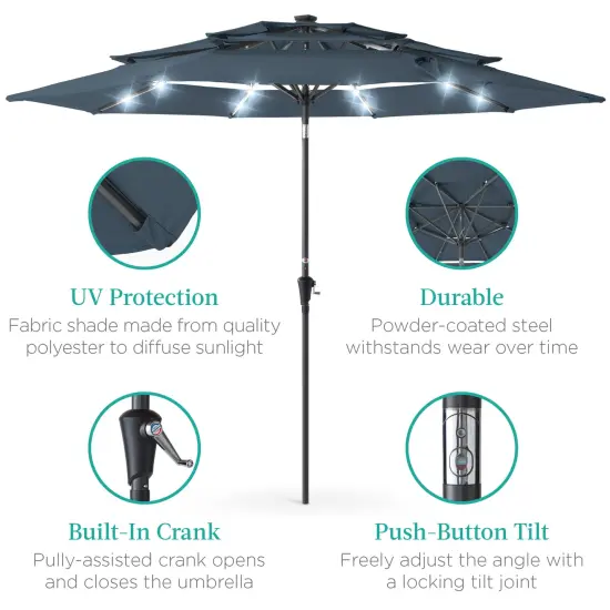 Best Choice Products 10ft 3-Tier Solar Patio Umbrella w/ 24 LED Lights, Tilt Adjustment, Easy Crank Slate Blue {5}