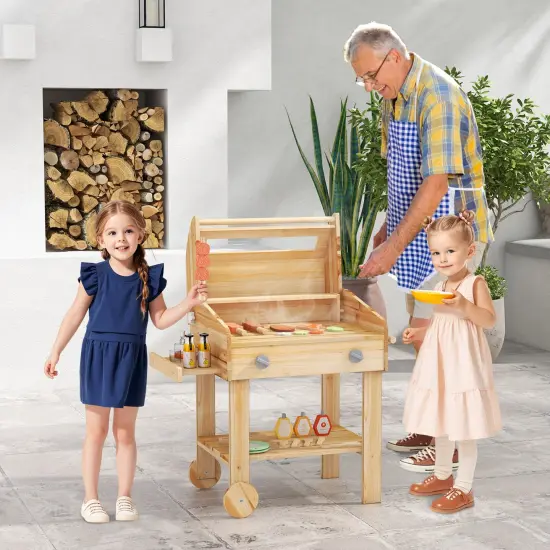 Kids Wooden Barbecue Grill Playset Pretend Kitchen with Food and Wheels-Natural {2}