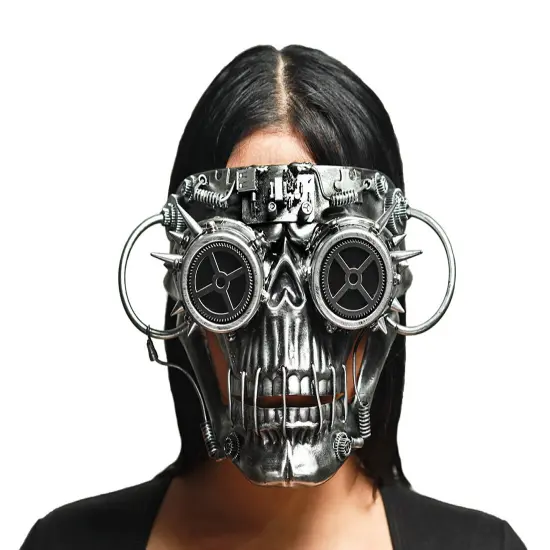 Steamskully Metallic Finish Steampunk Skull with Spiked Goggles Mask {1}