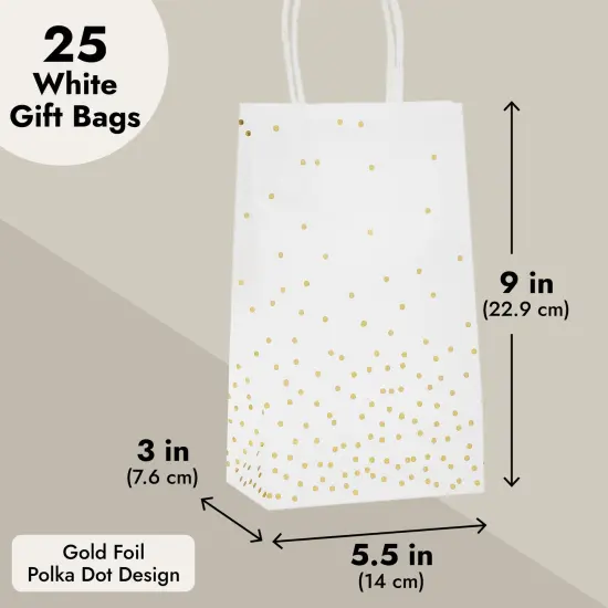25 Pack Small Gift Bags with Handles - White Paper Bags with Gold Foil Polka Dots for Birthday, Wedding, Retail (5.5x3x9 In) {4}