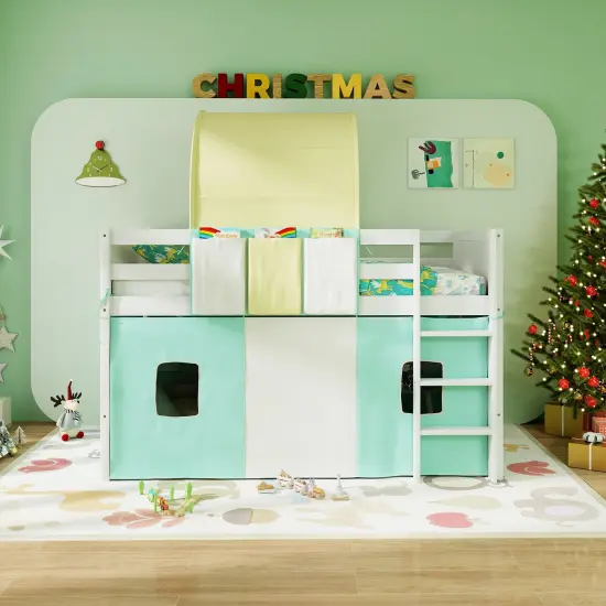 Twin Size Playhouse Loft Bed Frame with Tower Tent and 3 Storage Pockets for Kids Turquoise {2}