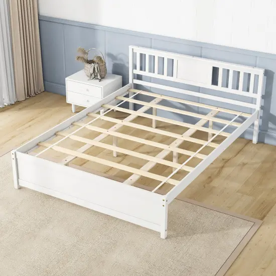 Wooden Platform Bed with Headboard and Wood Slat Support White {6}