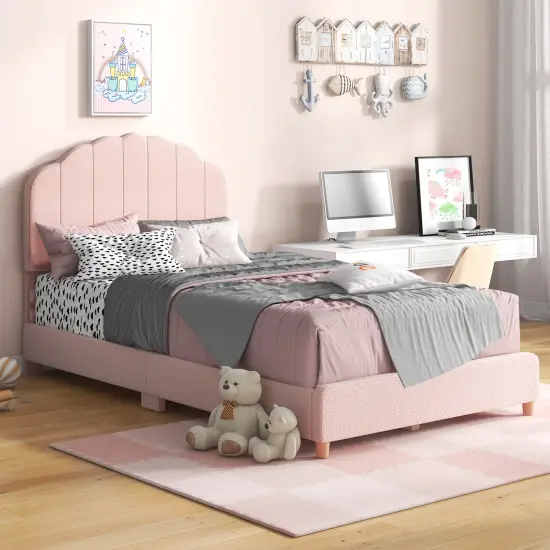 Velvet Kids Twin Bed with Adjustable Headboard Sturdy Wooden Frame and Soft Upholstery Pink {2}