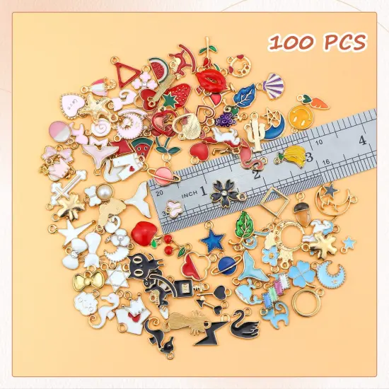100PCS Gold Plated Enamel Charms Mixed Moon Star Fruit Animal Charm Colorful Pendant DIY for Necklace Bracelet Jewelry Making and Crafting {6}