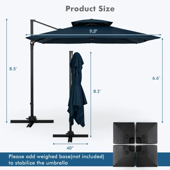 Aluminum 9.5 Feet Cantilever Patio Umbrella with 360&deg; Rotation and Double Top Navy {5}