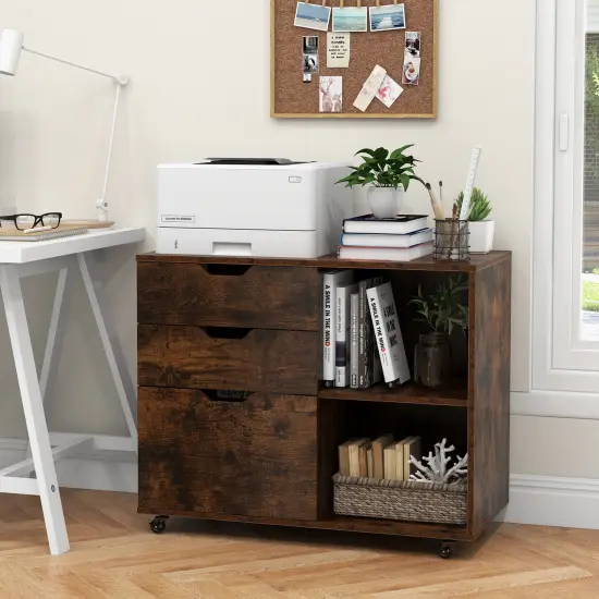 Modern Mobile File Storage Cabinet with Large Tabletop 3 Drawers and Smooth Rolling Wheels Rustic Brown {3}