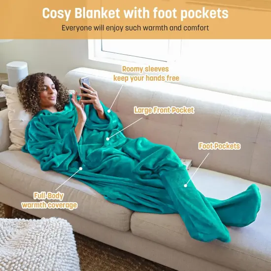 Wearable Fleece Blanket with Sleeves and Foot Pockets for Adult Women Men, Micro Plush Comfy Wrap Sleeved Throw Blanket Robe Large, Green, St. Patrick Gift {5}