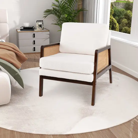 Mid Century Modern Accent Chair with Rattan Arms and Cushion Brown {3}