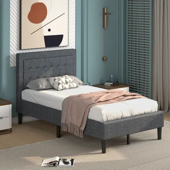 Twin Size Upholstered Bed Frame with Button Tufted Headboard {2}