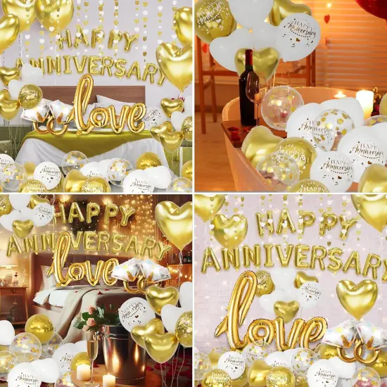 White and Gold Anniversary Decorations - Balloons, Banner, Rose Petals {2}