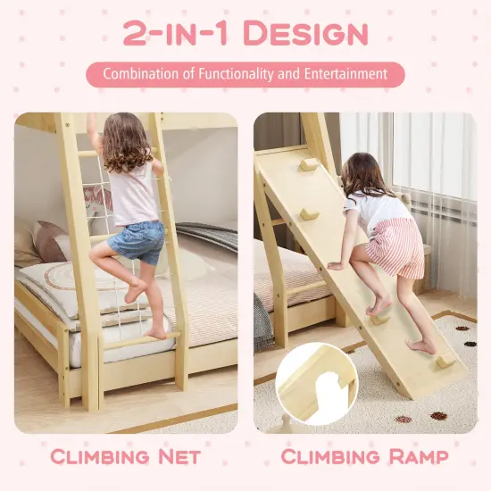 Twin Over Queen Bunk Bed Wooden Kids Bed with Climbing Nets and Ramp-Natural {6}