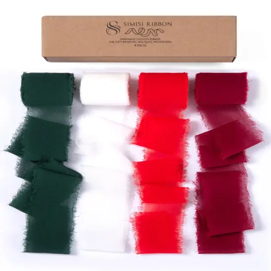 Christmas Chiffon Ribbon Handmade Frayed Fringe Sheer Boho Silk Ribbons for Gift Wrapping, Floral, Wedding Invitations, Bouquet, 1-1/2'' 5 Yards*4 Rolls {1}